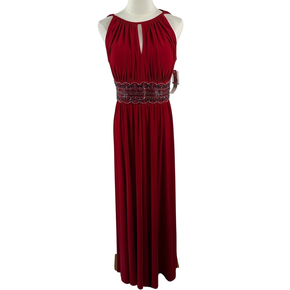 NWT RM Richards Gown Womens 8 Red Beaded Empire Waist Halter Keyhole Maxi‎ Dress